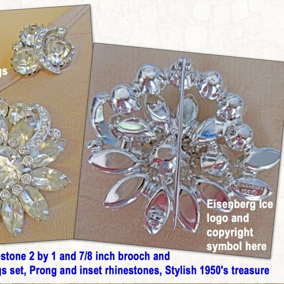 Eisenberg Ice clear rhinestone 2 x 1 and 7/8 brooch & clip back earrings, 1950's - Picture 13 of 14